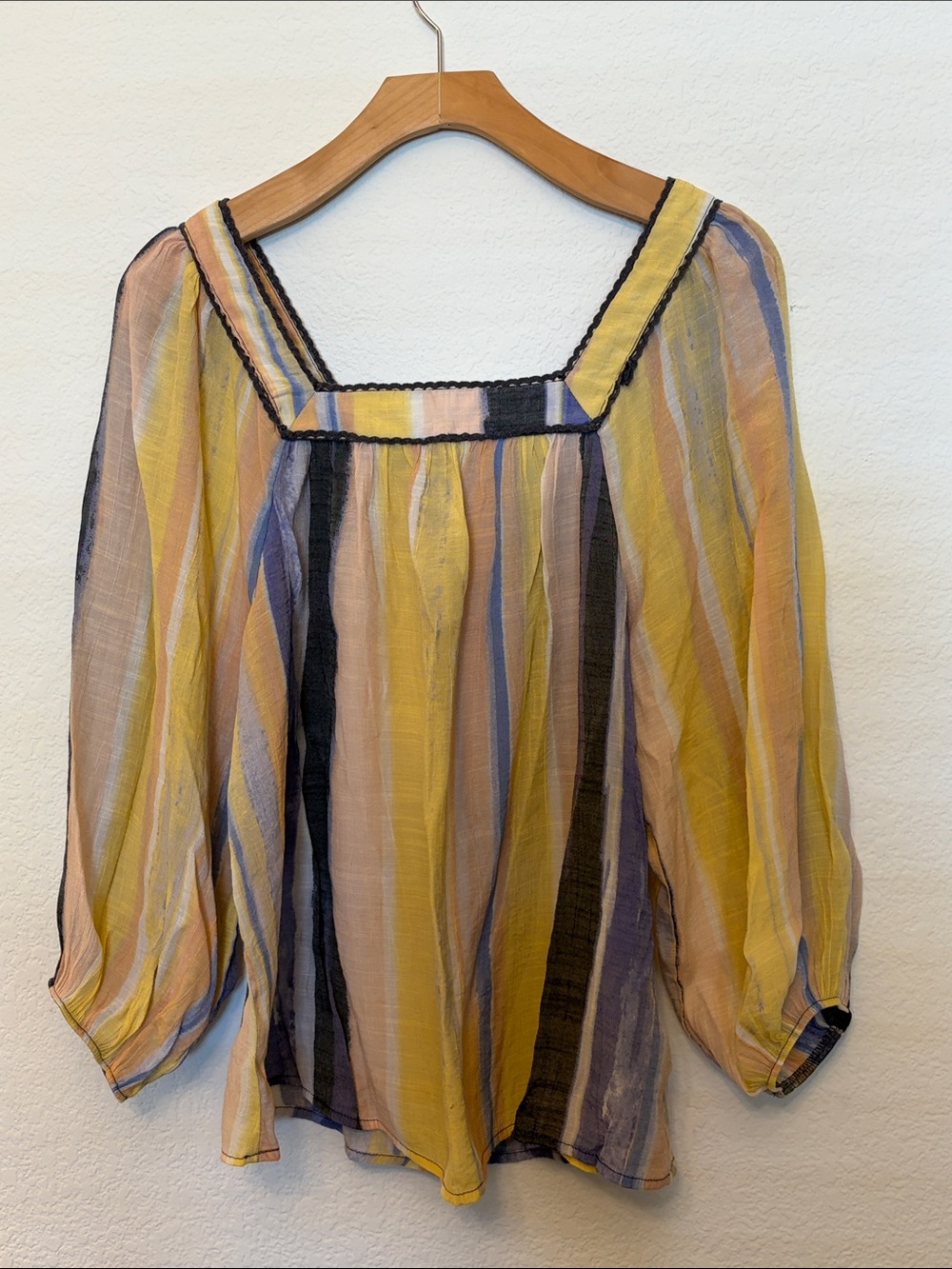 Zac & Rachel Boho Yellow Navy Blush Striped Sheer Square Neck Blouse